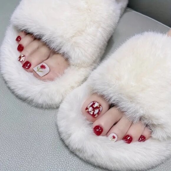 Nails Press On Toenails 24 Tulips Glitter Short Stylish Trendy Fake Flowers Glam - Picture 2 of 5
